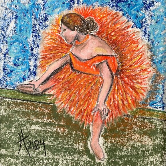 Orange Ballerina Original Handmade Soft Pastel Painting 11x14in Mat Frame Ready - Picture 1 of 5